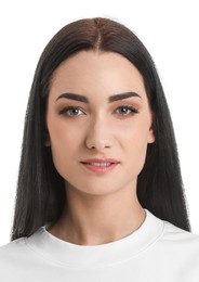 Image of Passport photo. Portrait of woman on white background