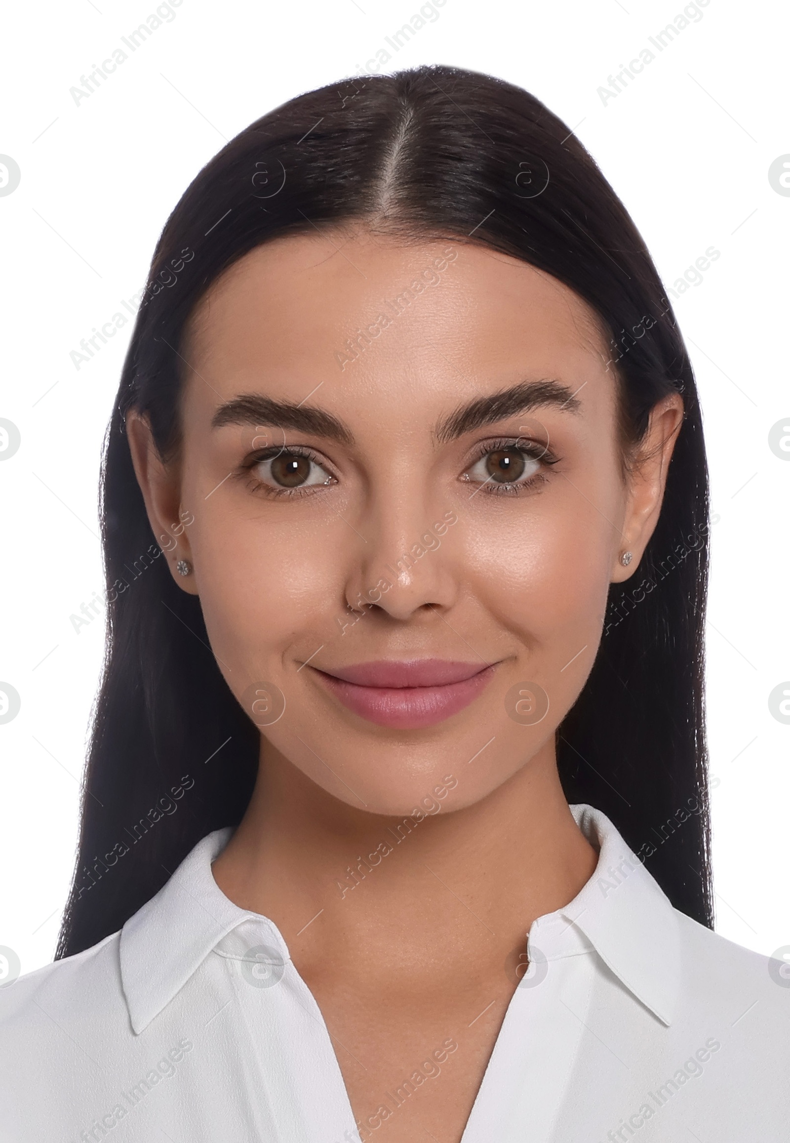 Image of Passport photo. Portrait of woman on white background