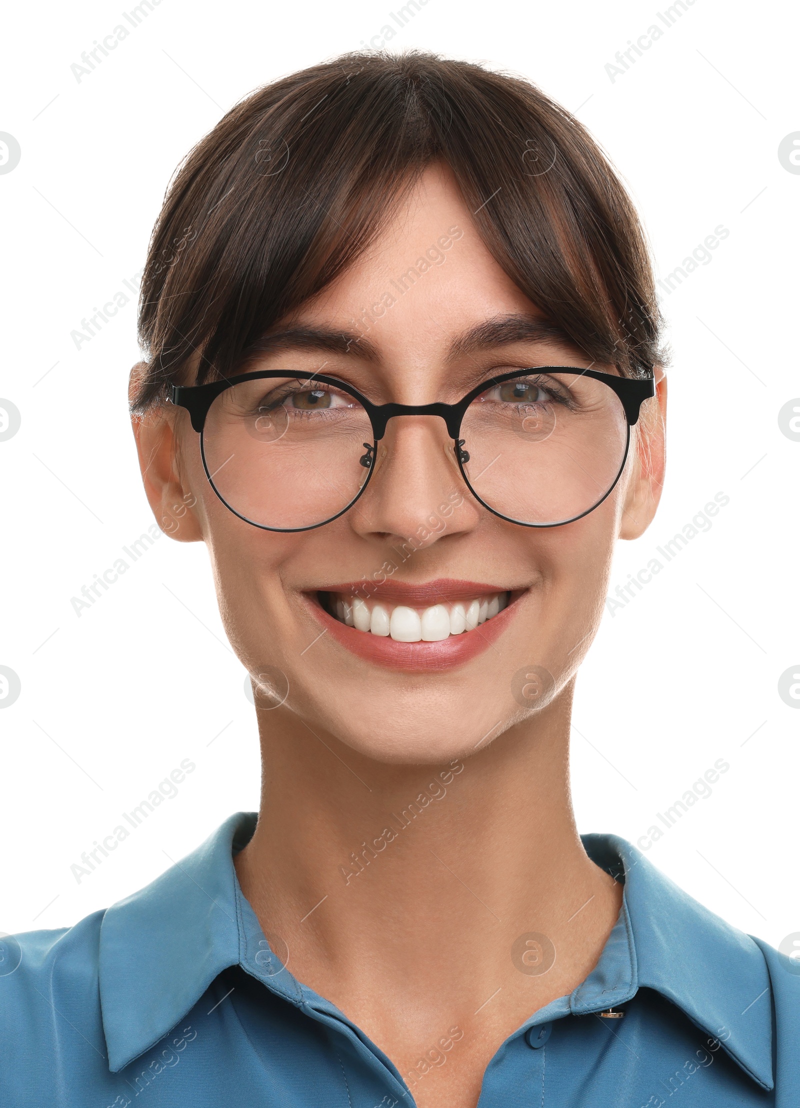 Image of Passport photo. Portrait of woman on white background