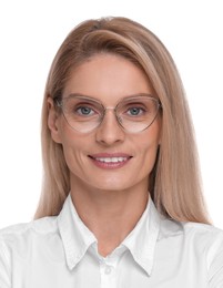 Image of Passport photo. Portrait of woman on white background