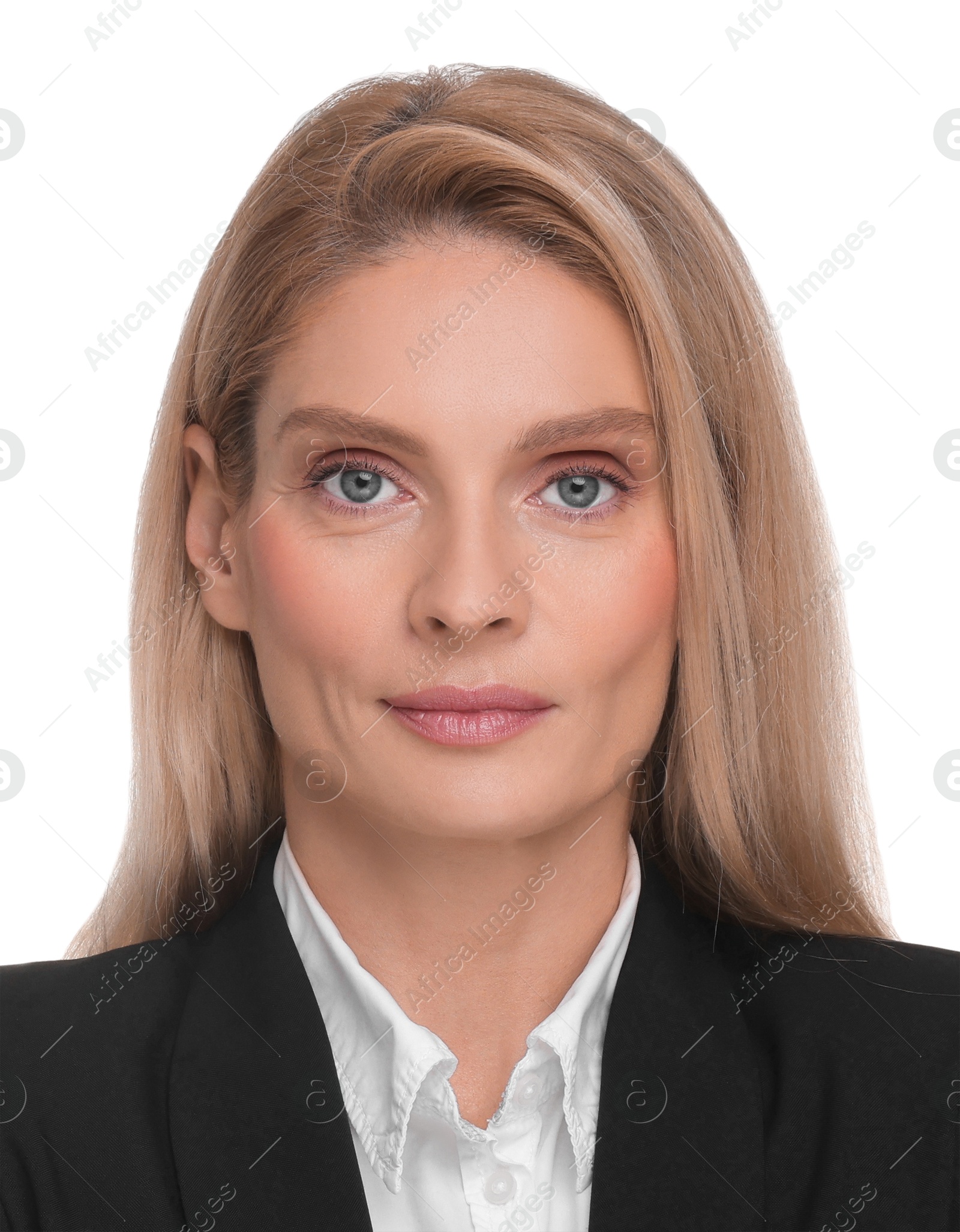 Image of Passport photo. Portrait of woman on white background