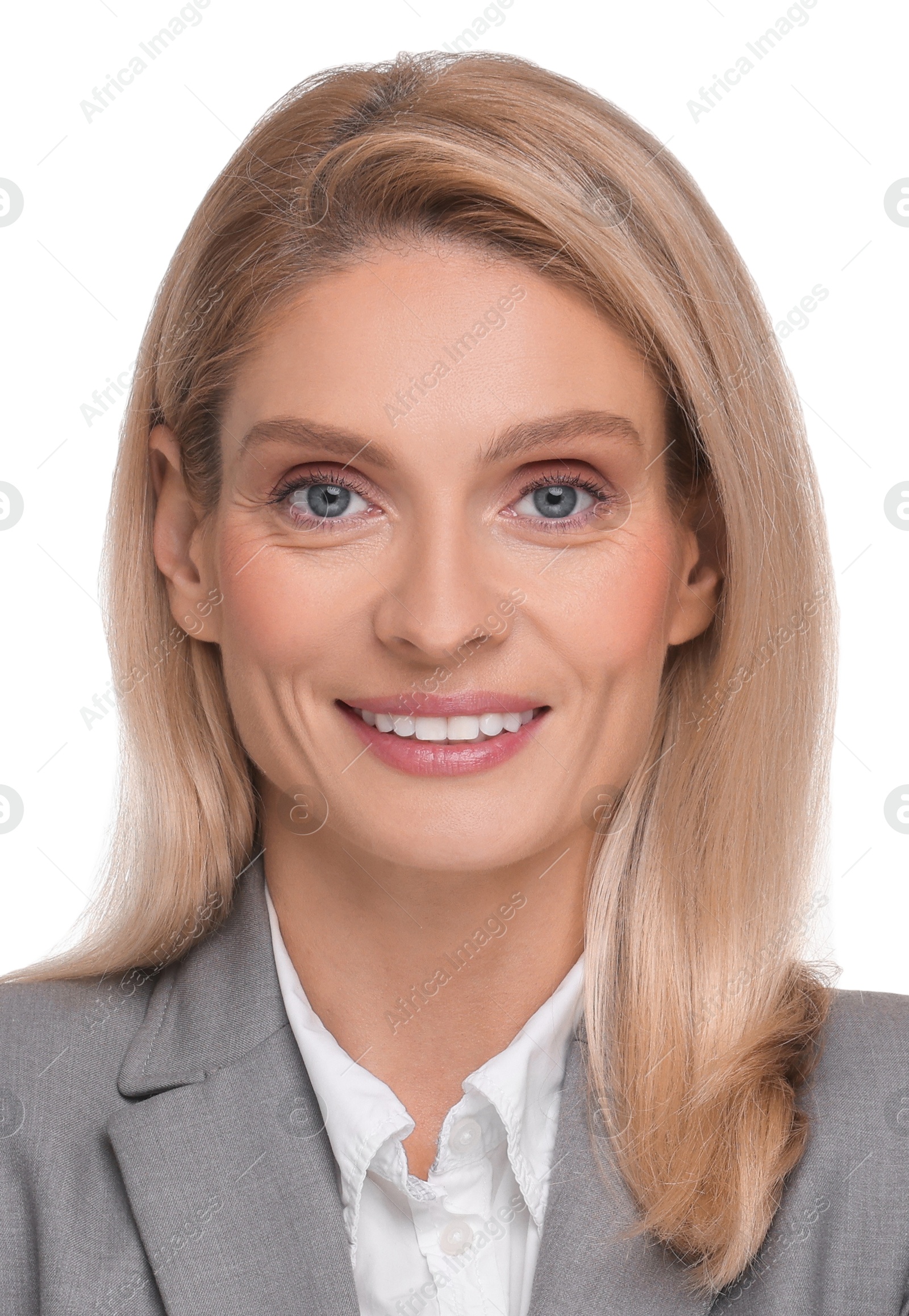 Image of Passport photo. Portrait of woman on white background