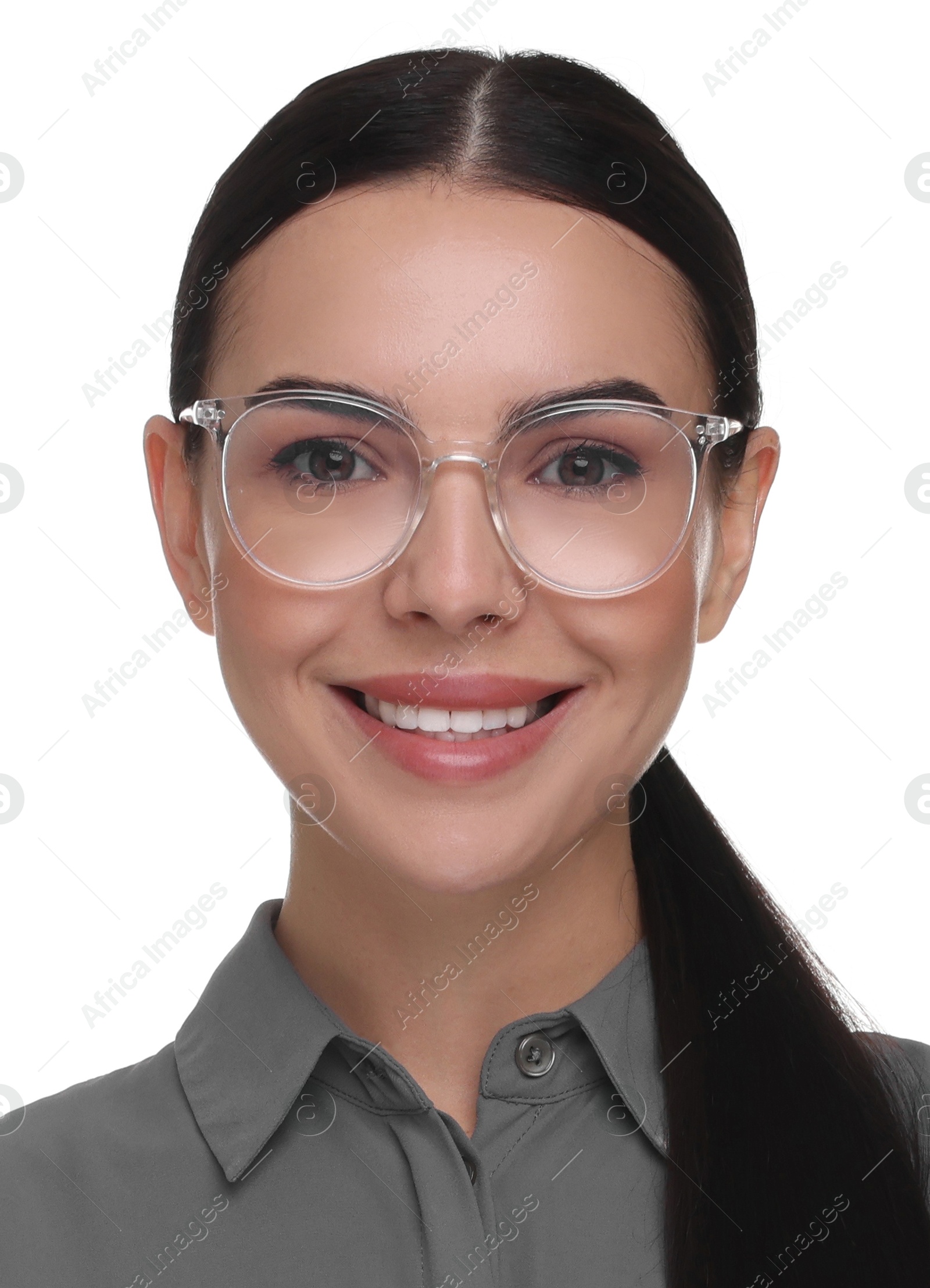 Image of Passport photo. Portrait of woman on white background