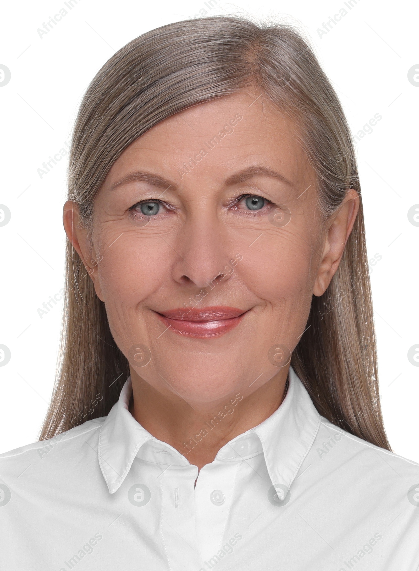 Image of Passport photo. Portrait of woman on white background