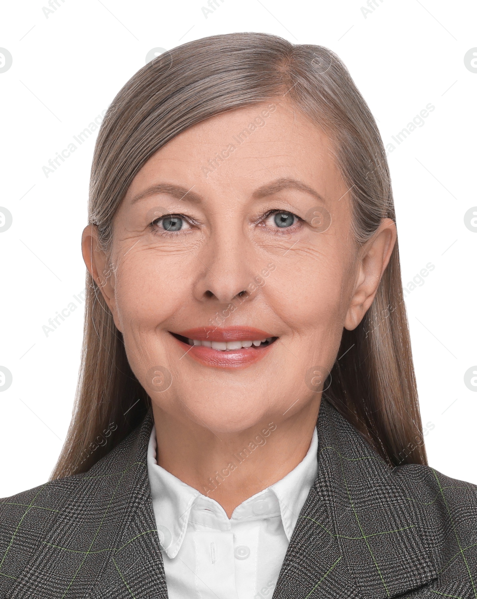 Image of Passport photo. Portrait of woman on white background