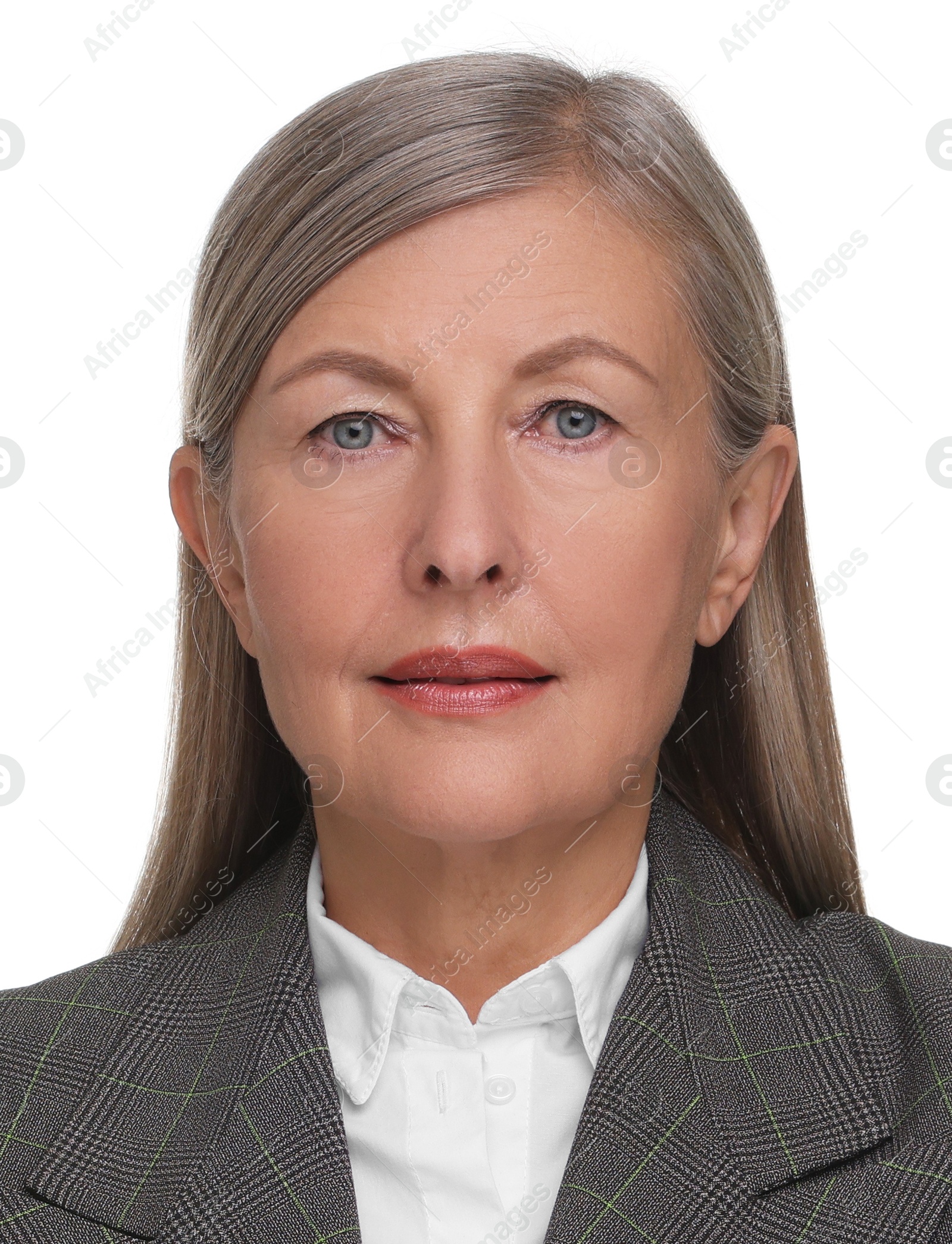 Image of Passport photo. Portrait of woman on white background