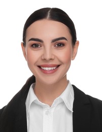 Image of Passport photo. Portrait of woman on white background