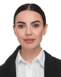 Image of Passport photo. Portrait of woman on white background