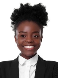 Image of Passport photo. Portrait of woman on white background