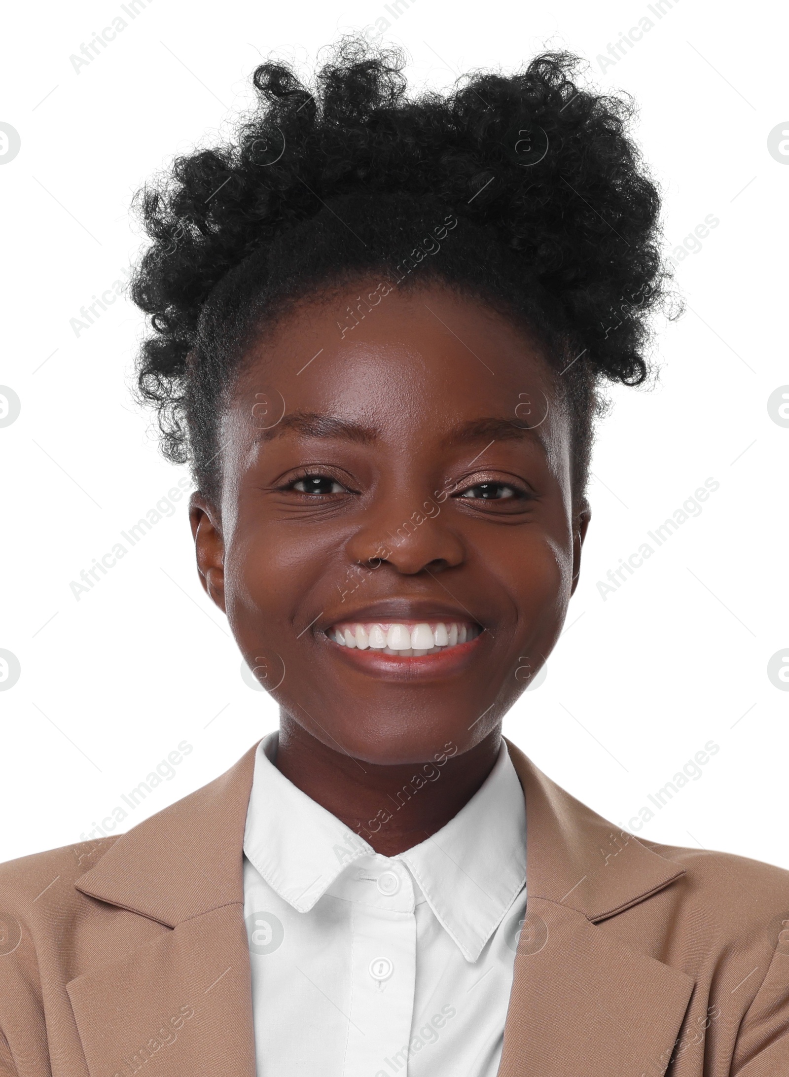 Image of Passport photo. Portrait of woman on white background