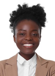 Image of Passport photo. Portrait of woman on white background