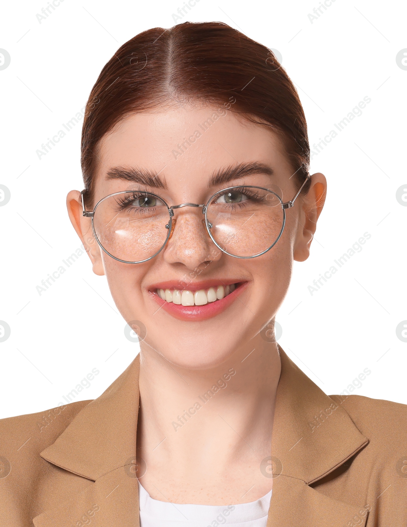 Image of Passport photo. Portrait of woman on white background