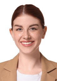 Image of Passport photo. Portrait of woman on white background