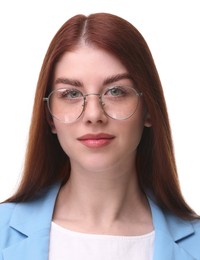 Image of Passport photo. Portrait of woman on white background