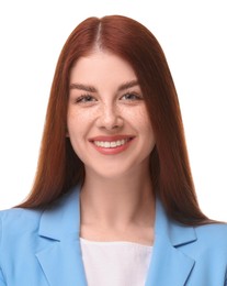 Image of Passport photo. Portrait of woman on white background