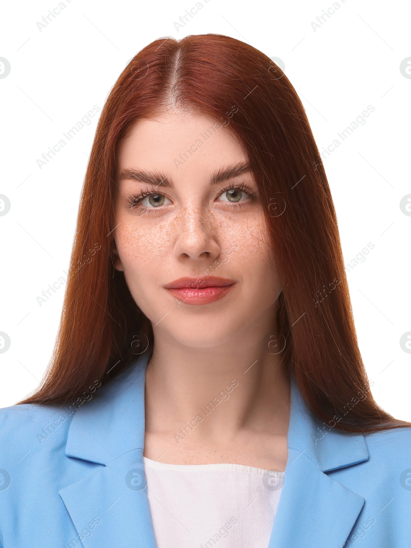 Image of Passport photo. Portrait of woman on white background