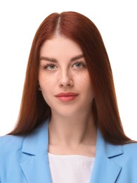 Image of Passport photo. Portrait of woman on white background