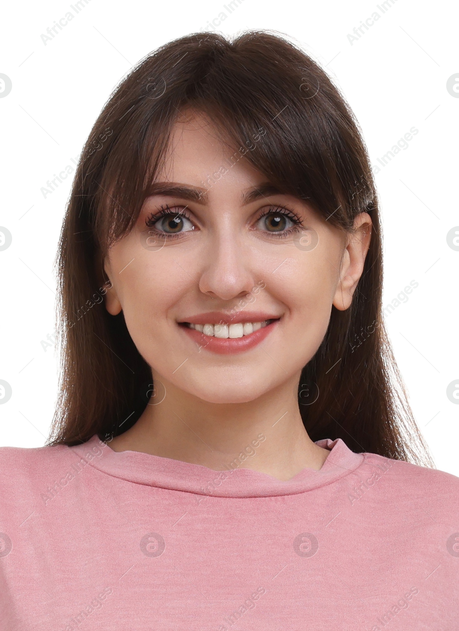 Image of Passport photo. Portrait of woman on white background