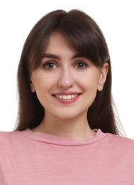 Image of Passport photo. Portrait of woman on white background