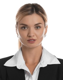 Image of Passport photo. Portrait of woman on white background