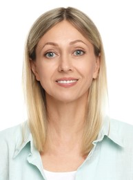 Image of Passport photo. Portrait of woman on white background