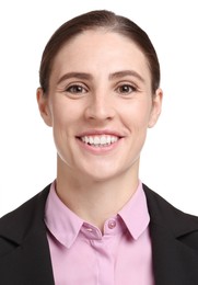 Image of Passport photo. Portrait of woman on white background