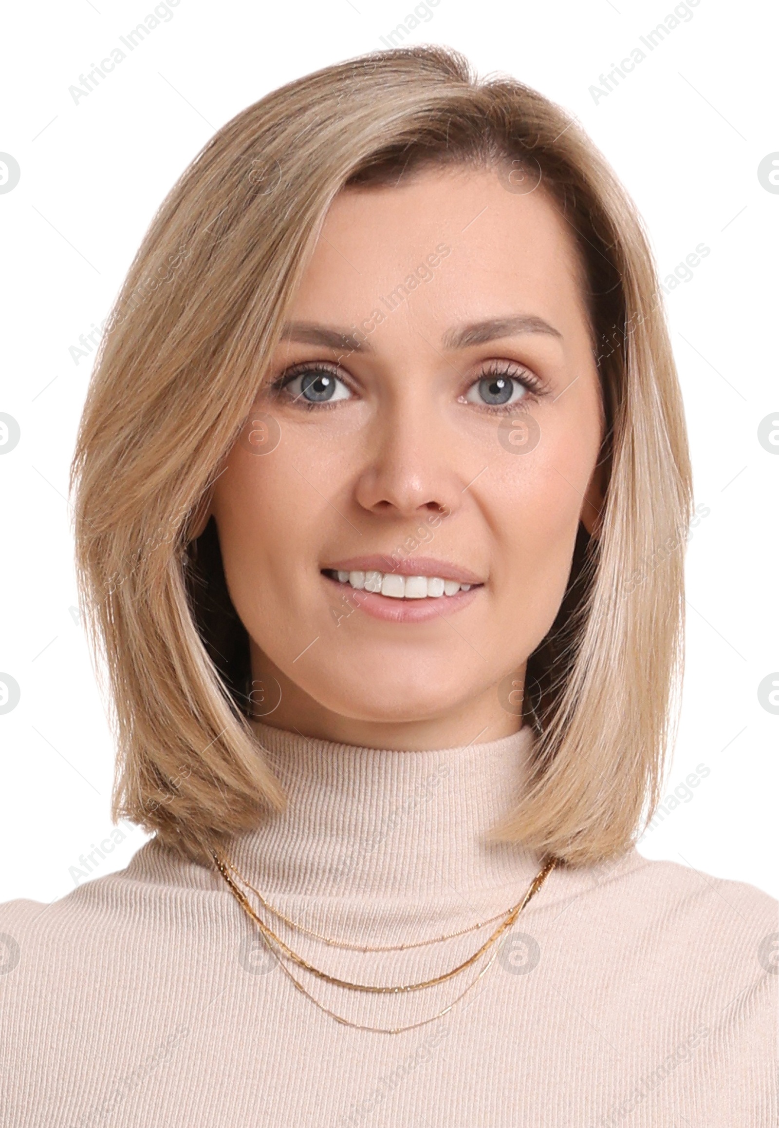 Image of Passport photo. Portrait of woman on white background