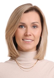 Image of Passport photo. Portrait of woman on white background