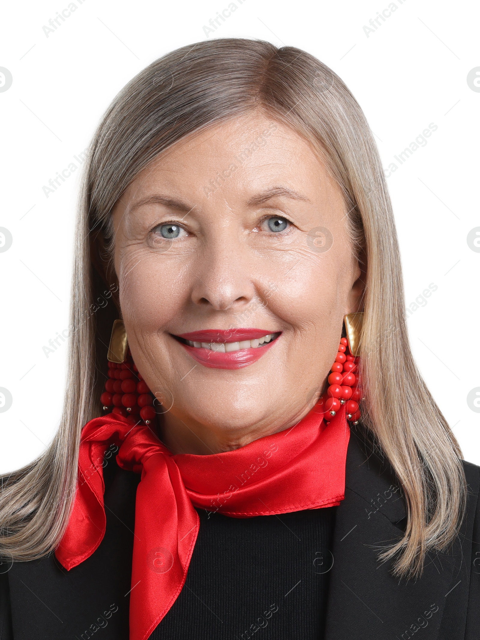 Image of Passport photo. Portrait of woman on white background