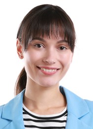 Image of Passport photo. Portrait of woman on white background