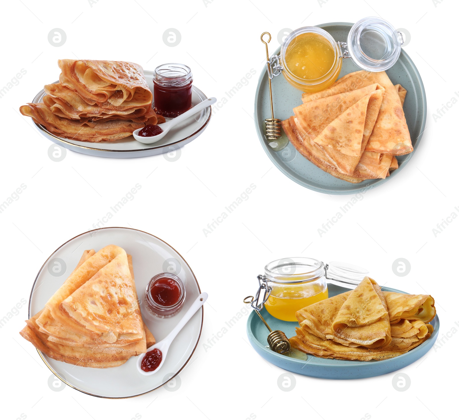 Image of Delicious crepes with honey and jam isolated on white, collage