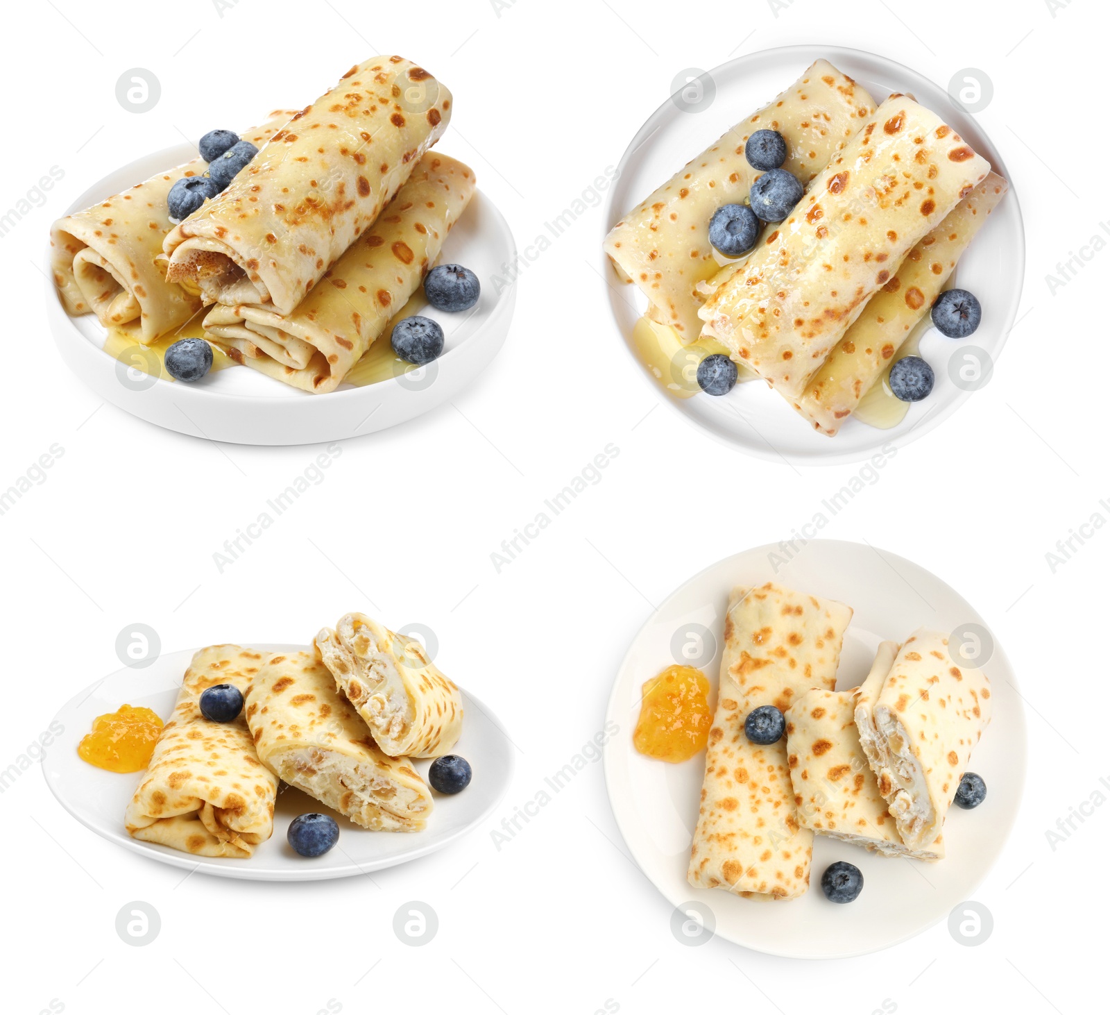 Image of Delicious crepes with honey and blueberries isolated on white, collage