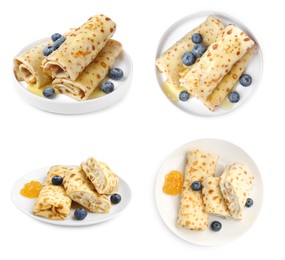 Image of Delicious crepes with honey and blueberries isolated on white, collage