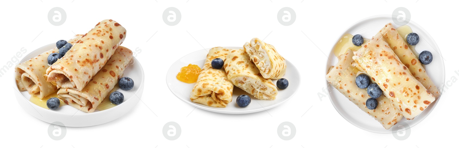 Image of Delicious crepes with honey and blueberries isolated on white, collage