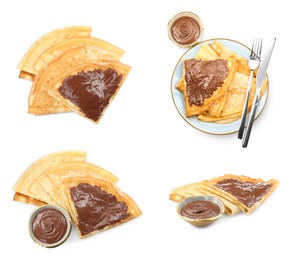 Image of Delicious crepes with chocolate isolated on white, collage