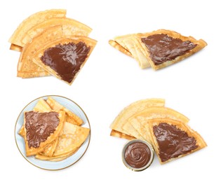 Image of Delicious crepes with chocolate isolated on white, collage