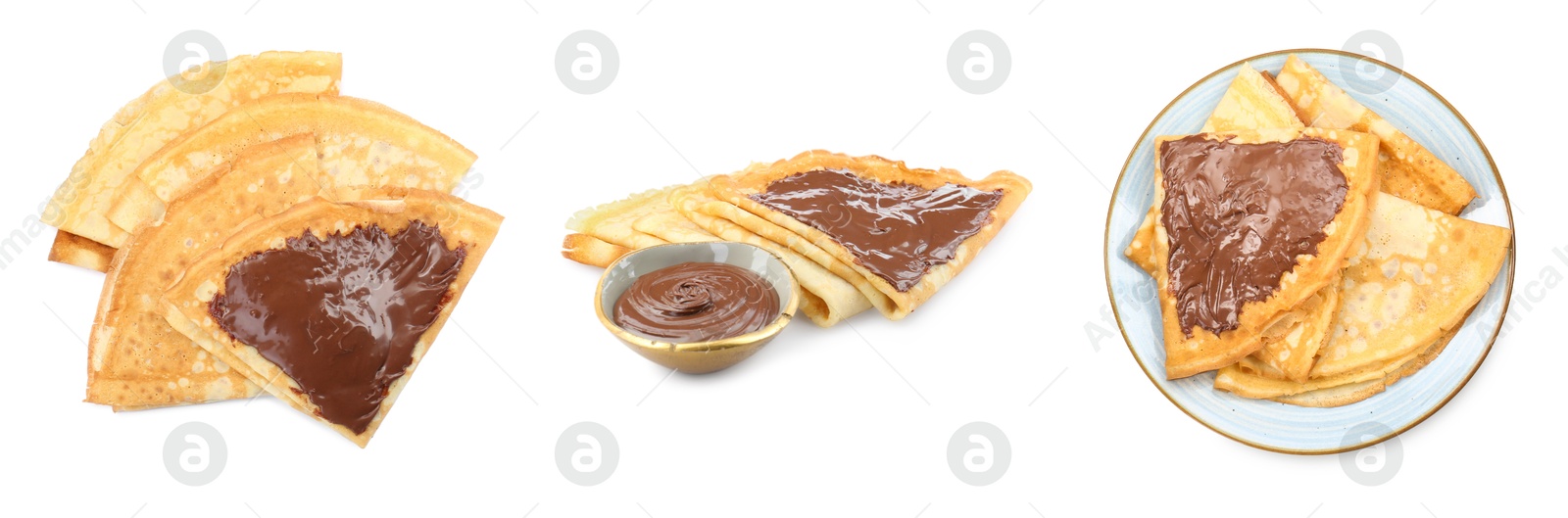 Image of Delicious crepes with chocolate isolated on white, collage