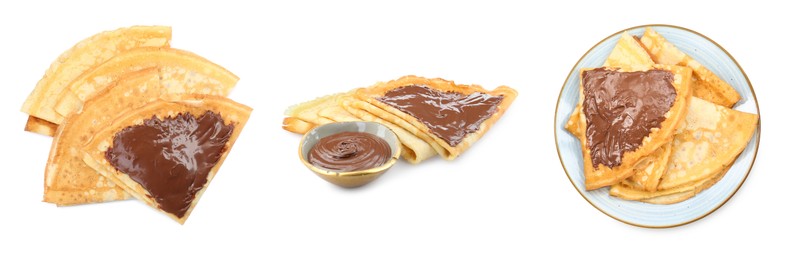 Image of Delicious crepes with chocolate isolated on white, collage