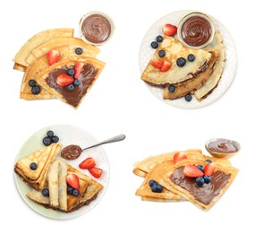 Image of Delicious crepes with chocolate and berries isolated on white, collage