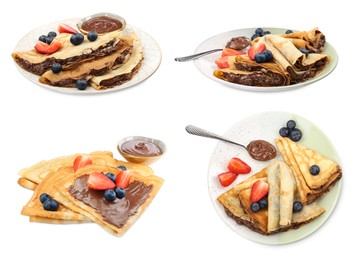 Image of Delicious crepes with chocolate and berries isolated on white, collage