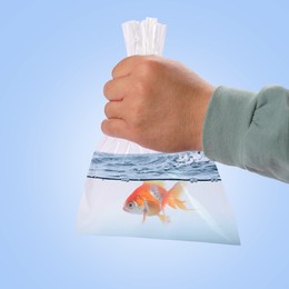 Image of Man holding plastic bag with fish and water on light blue background, closeup