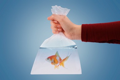 Image of Woman holding plastic bag with fish and water on light blue gradient background, closeup