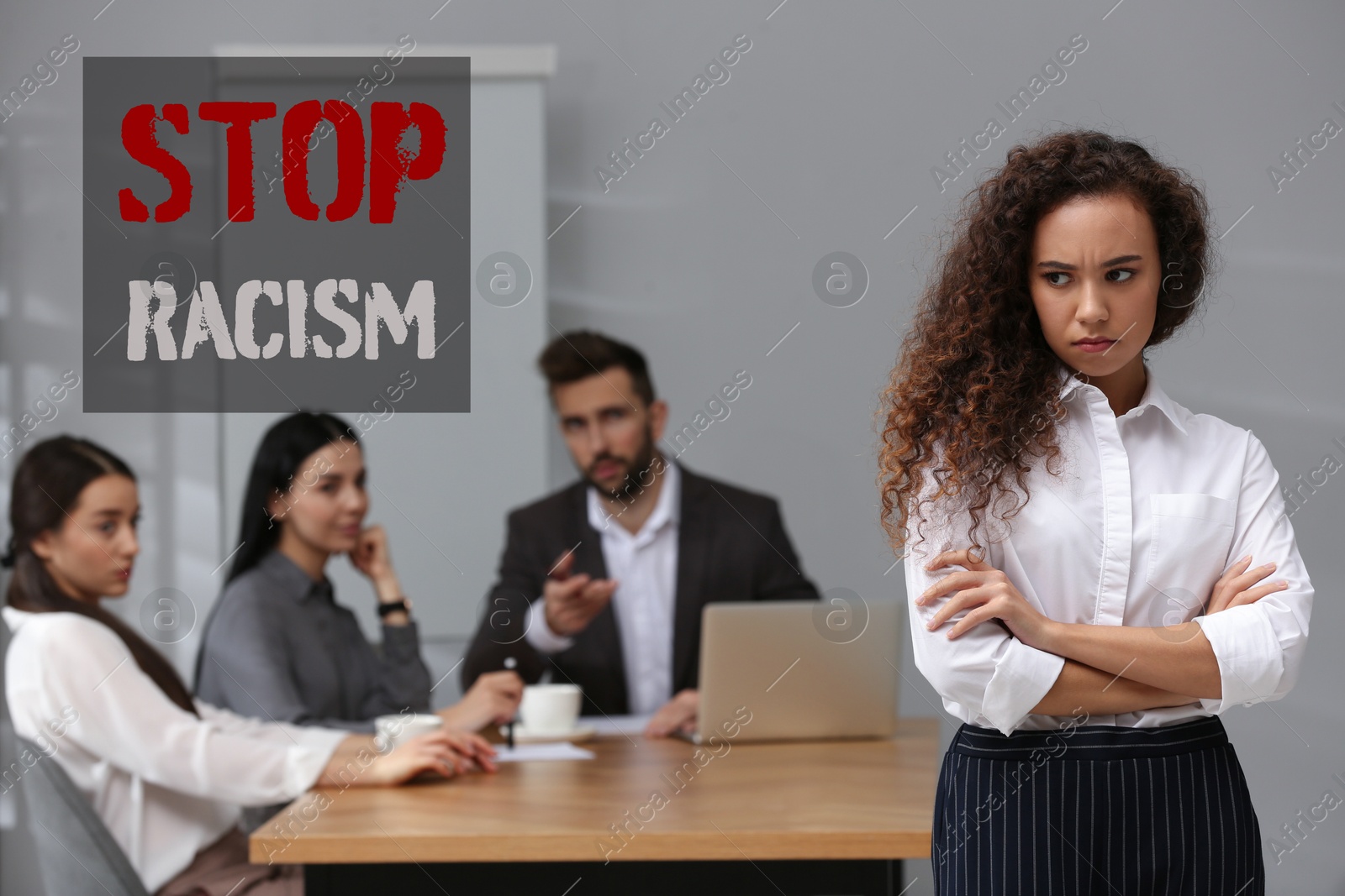 Image of Stop racism. Woman suffering from discrimination at work