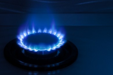 Image of Gas burner with blue flame on stove, closeup. Space for text