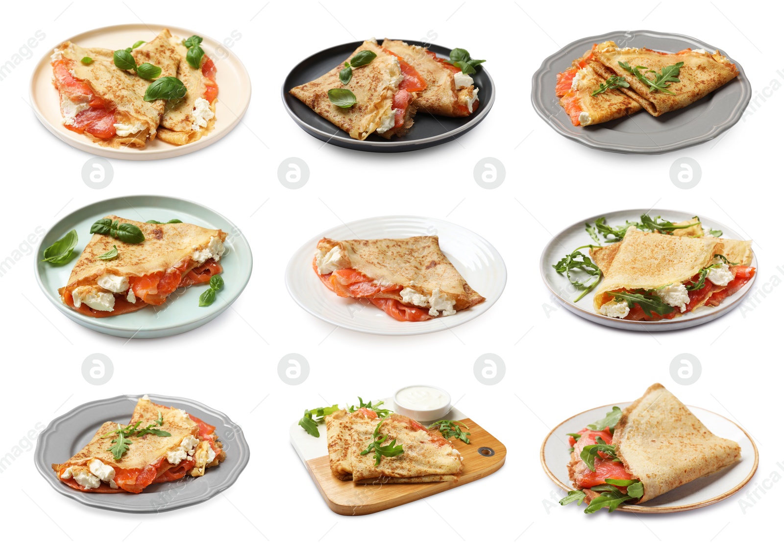 Image of Delicious crepes with salmon and cream cheese isolated on white, set