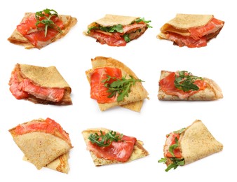 Image of Delicious crepes with salmon isolated on white, set