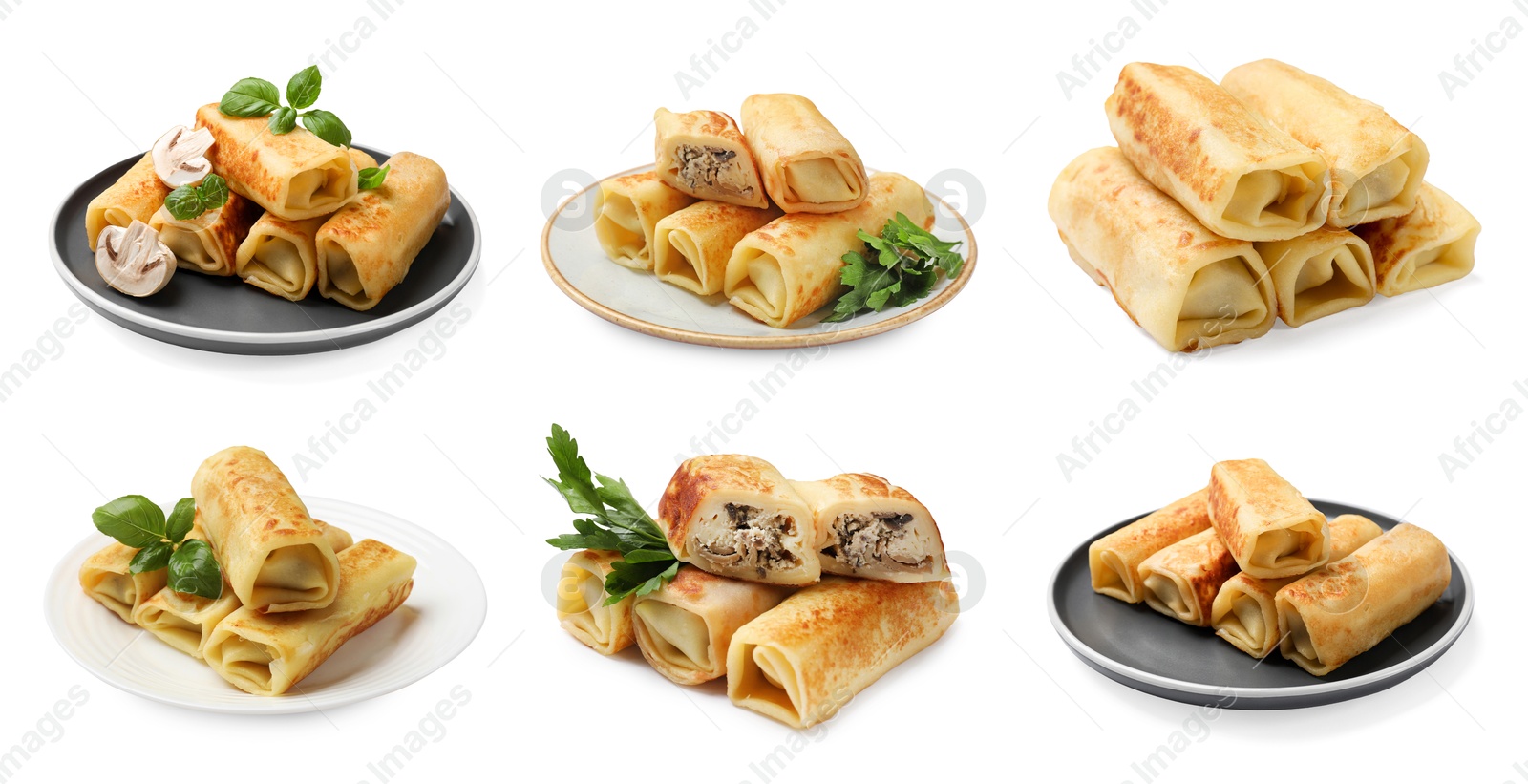 Image of Delicious rolled stuffed crepes isolated on white, set