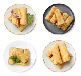 Image of Delicious rolled stuffed crepes isolated on white, set. Top view