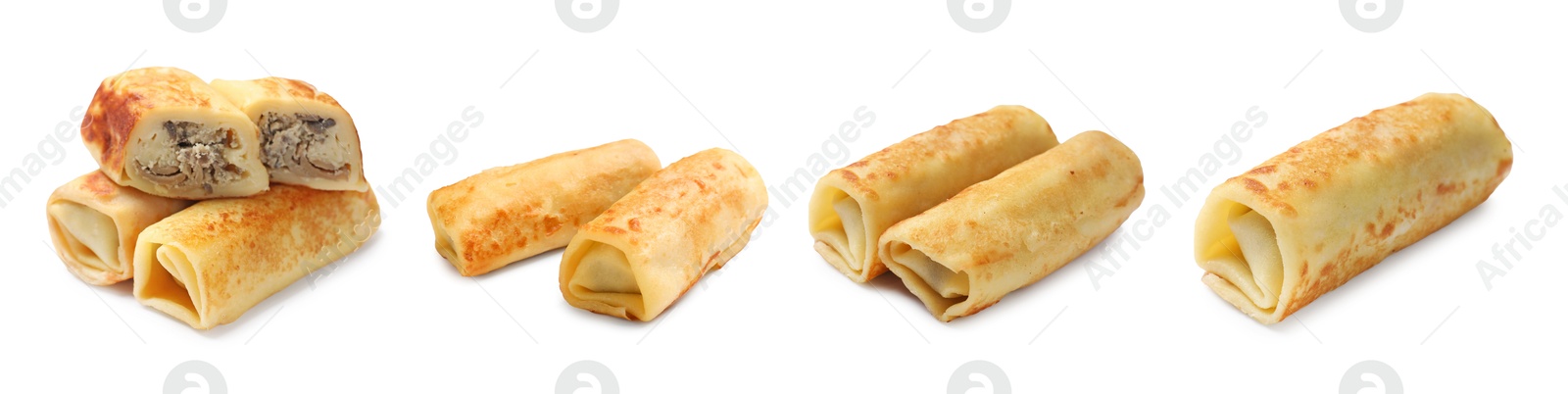 Image of Delicious rolled stuffed crepes isolated on white, set