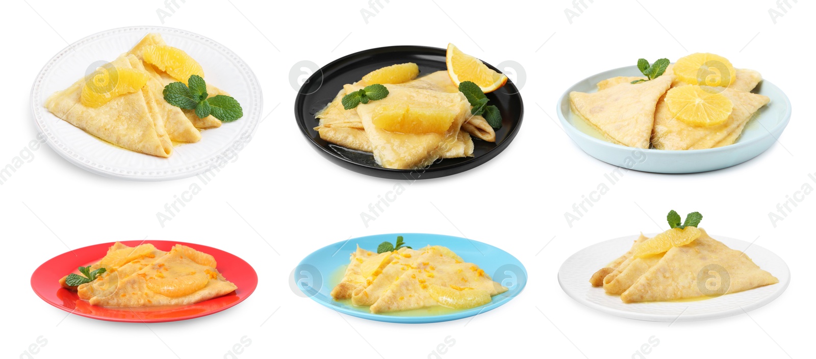 Image of Delicious crepes with orange slices isolated on white, set